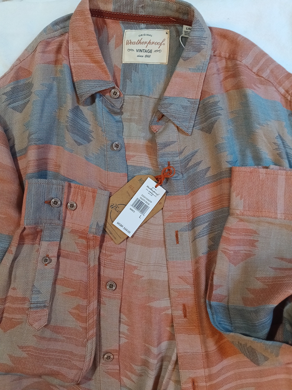 Weatherproof Vintage Coral and Light Blue Patterned Button-Down Shirt